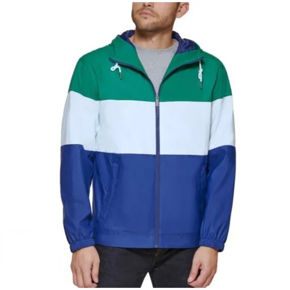 Weatherproof Mens Colorblock Windbreaker Jacket Blue White Green XL Hooded Zip